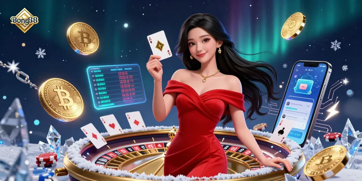 Bong88 showcases a confident woman holding a playing card beside a golden roulette wheel in a dazzling casino setting.