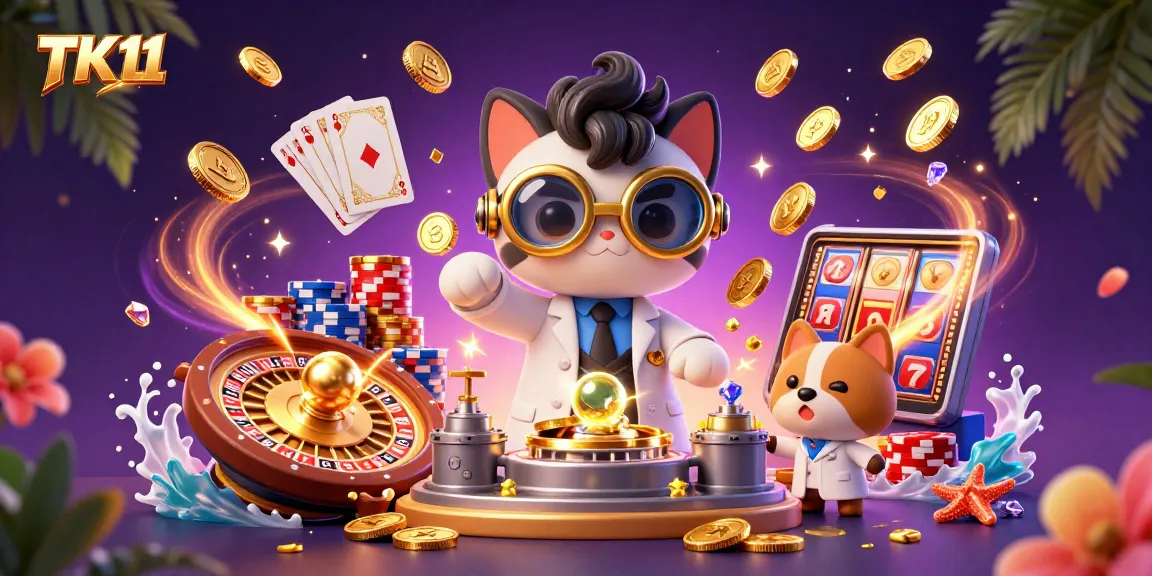 Experience thrilling gaming at TK11 Casino with a vibrant cartoon scene featuring exciting casino elements.