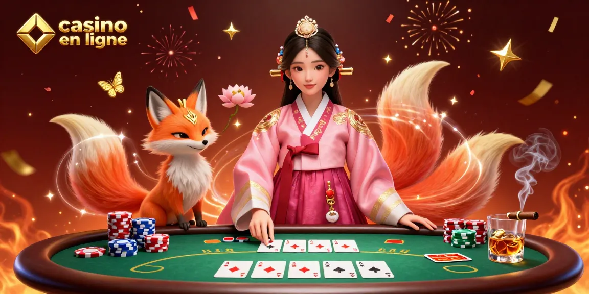 Découvrez le luxe et l'excitation au casino en ligne avec une illustration 3D vibrante d'une femme asiatique gracieuse et d'un renard porte-bonheur.