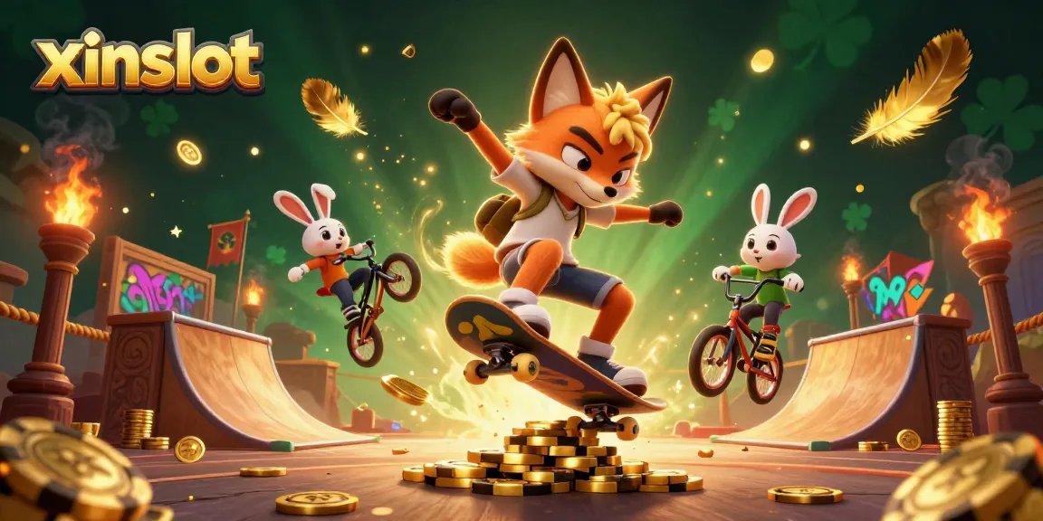 xinslot showcases a playful scene with a skateboarder fox and BMX rabbit performing tricks over golden poker chips, capturing vibrant casino energy.