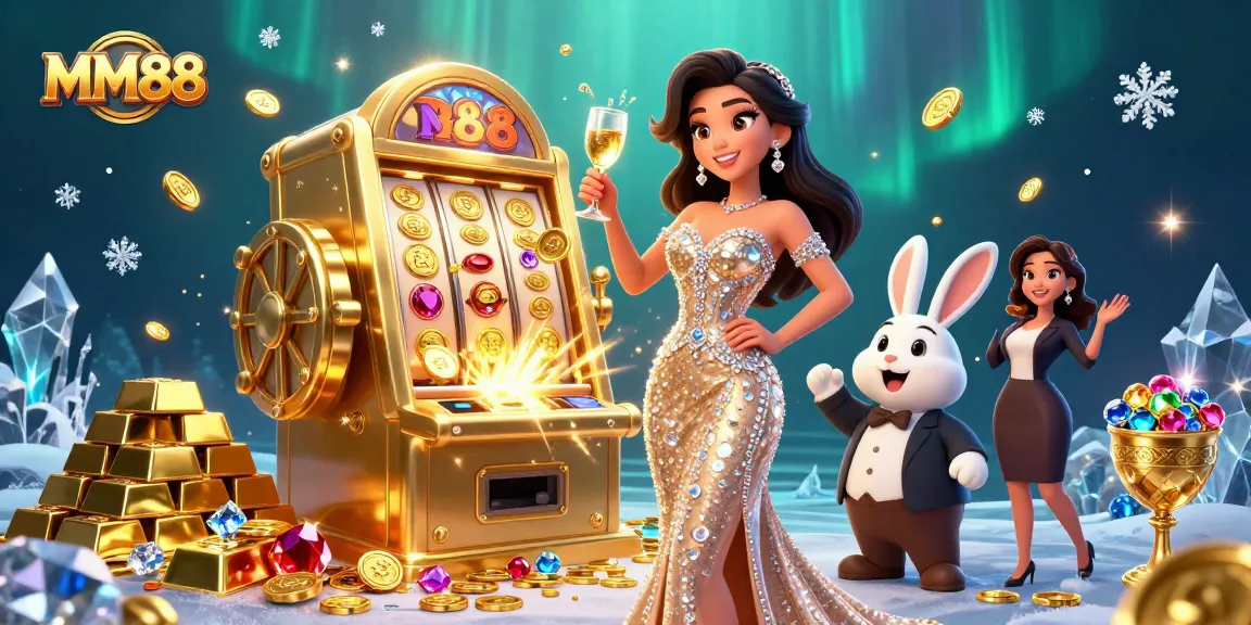 Experience thrilling wins at MM88 with a glamorous woman celebrating by a golden slot machine.