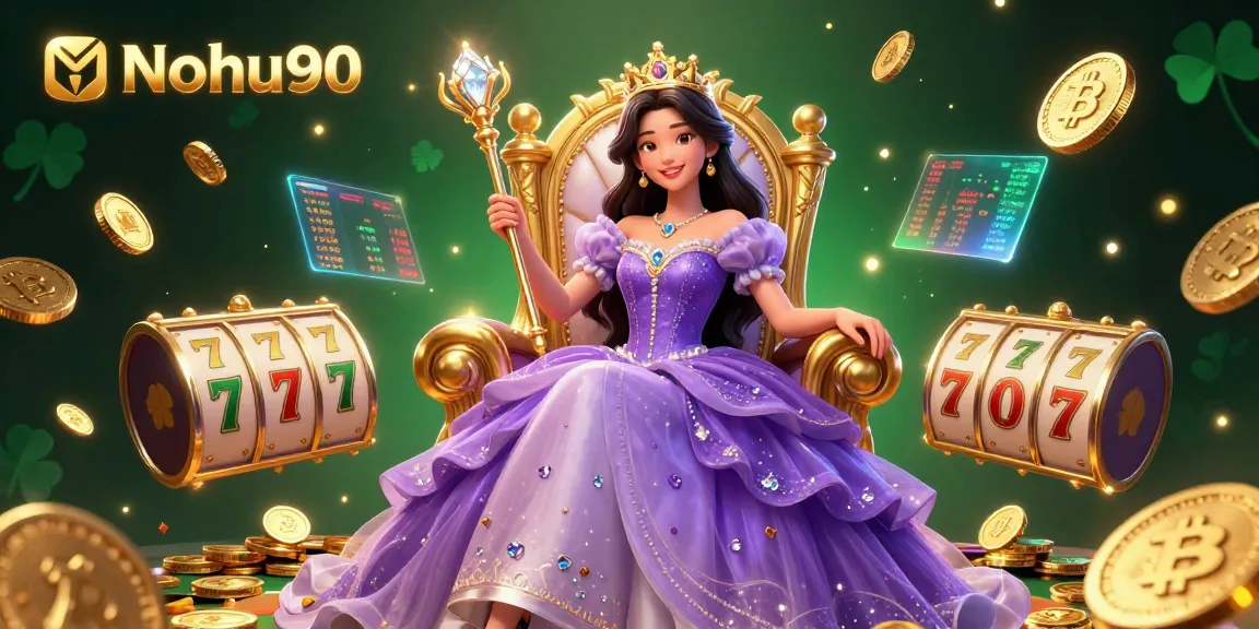 Nohu90 presents a vibrant gaming scene, featuring a regal princess holding riches amidst a jackpot atmosphere.