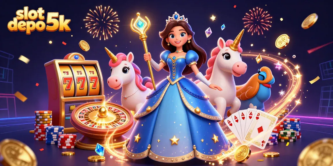 Engage with slot depo 5k through an enchanting illustration of a regal woman, unicorn, and vibrant casino atmosphere.