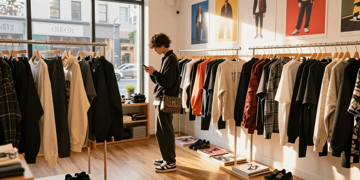 Shopper exploring stylish 레플리카 사이트 fashion at a boutique.