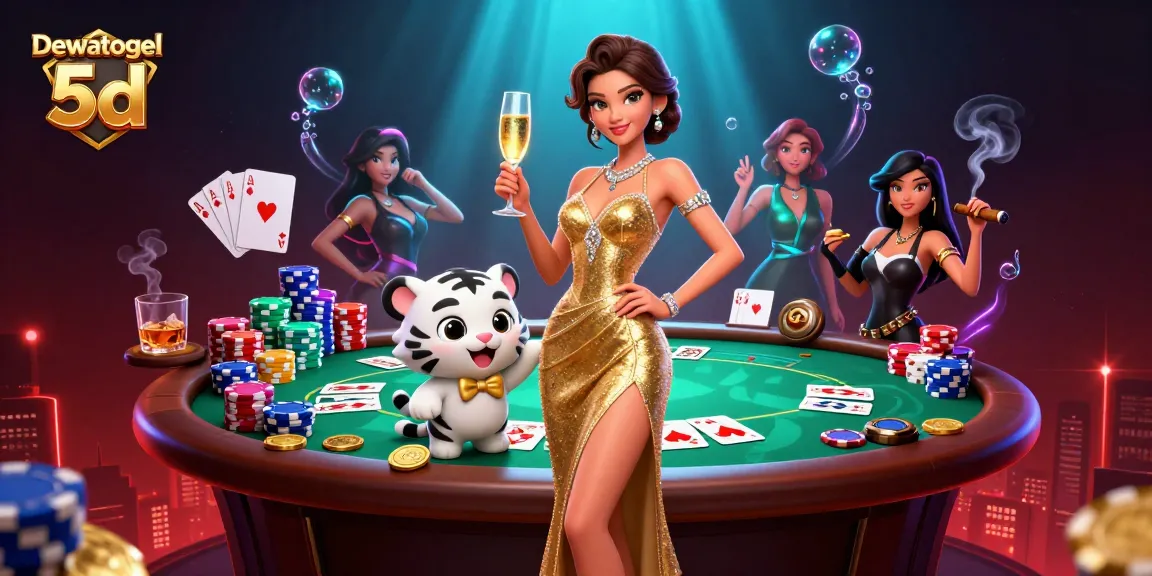 Dewatogel 5d offers a glamorous casino scene with a woman and lucky tiger amidst poker chips and vibrant colors.