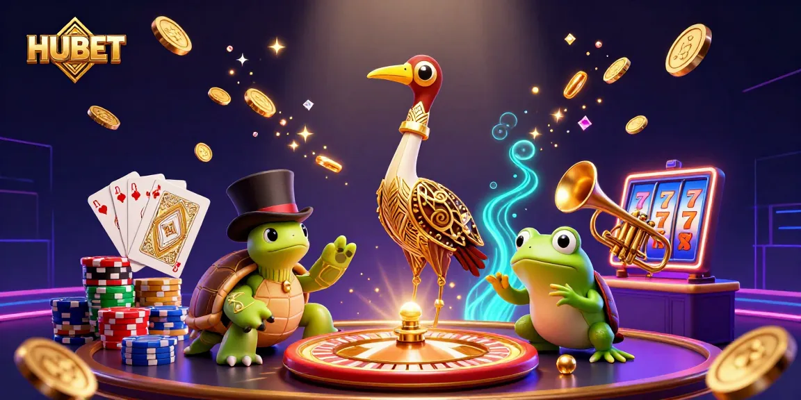 Spin the reels with HUBET as a vibrant 3D crane, turtle, and frog celebrate casino wins.