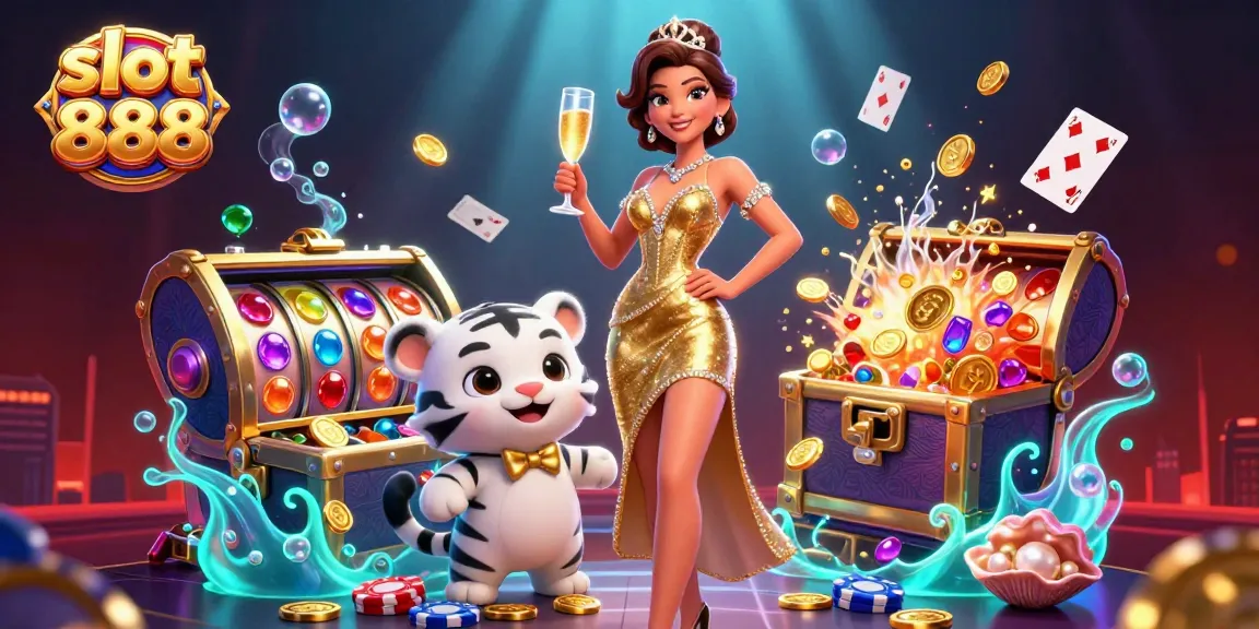 Experience the thrill of slot 888 with glamorous characters, symbols, and dynamic elements in this vibrant illustration.
