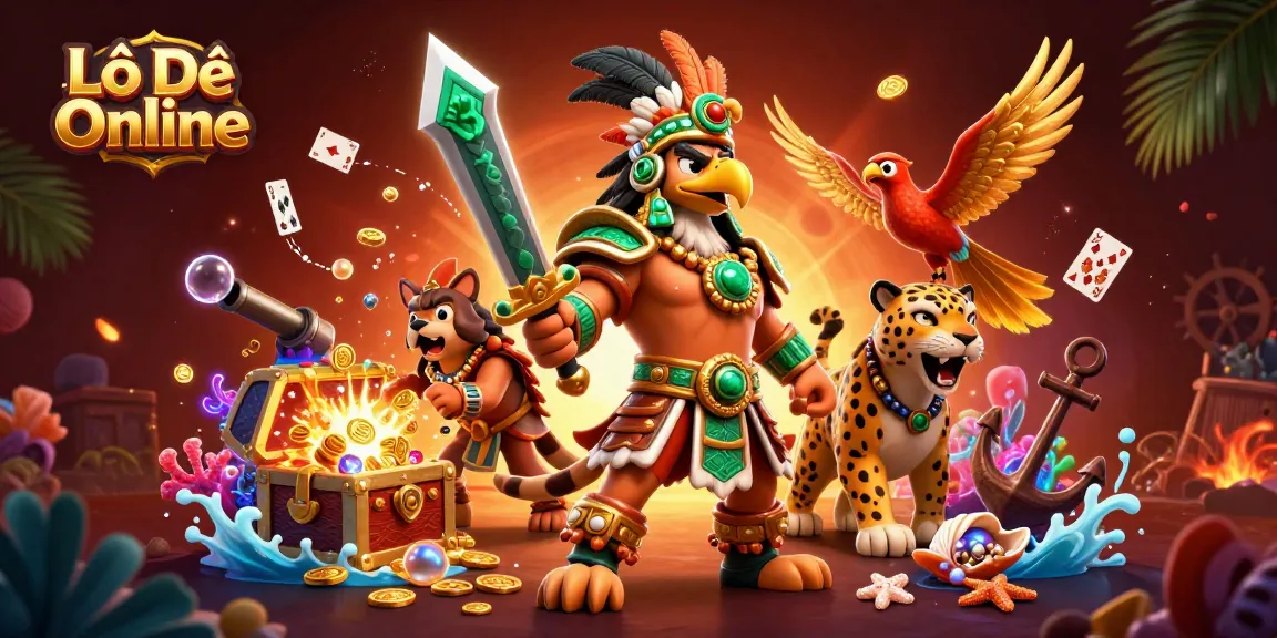 Lô Đề Online warriors engaging in stunning casino adventure, surrounded by vibrant treasure and game elements.
