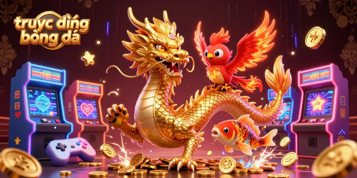 Experience trực tiếp bóng đá dynamically with a fierce dragon, phoenix, and koi fish amidst vibrant gaming elements.