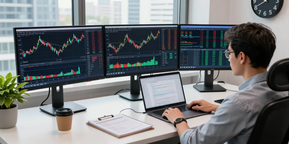 Trader utilizing MetaTrader 5 on multiple monitors in a modern financial workspace