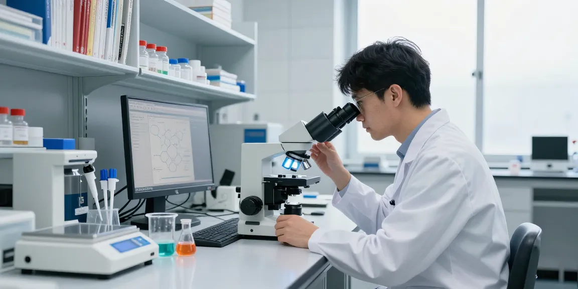Researcher analyzing SwissChems Peptides in a high-tech laboratory environment with lab instruments and bright LED lighting.
