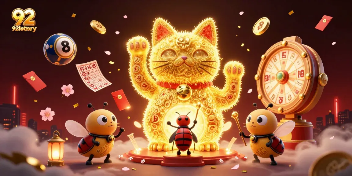 Engage with 92lottery's vibrant lottery universe, featuring a lucky cat and dynamic symbols.