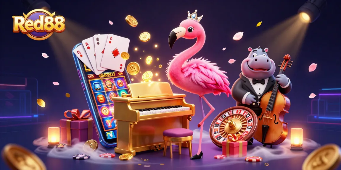 Experience exhilarating gaming at Red88 with a lively flamingo singer, hippo bassist, and exciting casino elements.