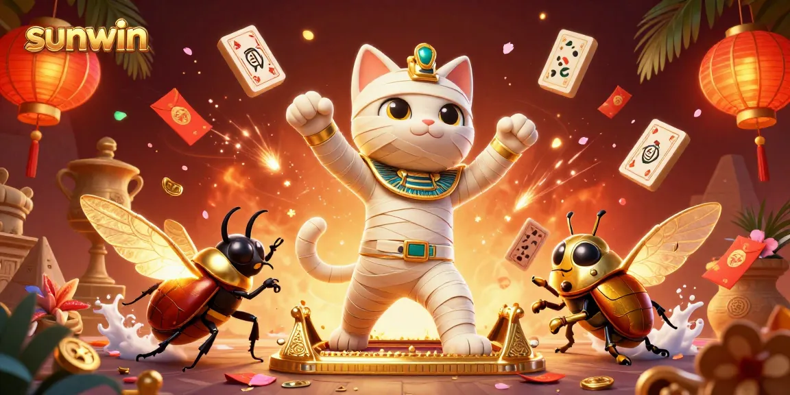 Experience sunwin's thrilling atmosphere with a playful mummy cat and vibrant casino elements.