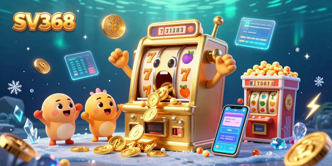 Join the excitement at SV368 with vibrant slot machines celebrating jackpots amidst shining crypto coins and colorful casino elements.