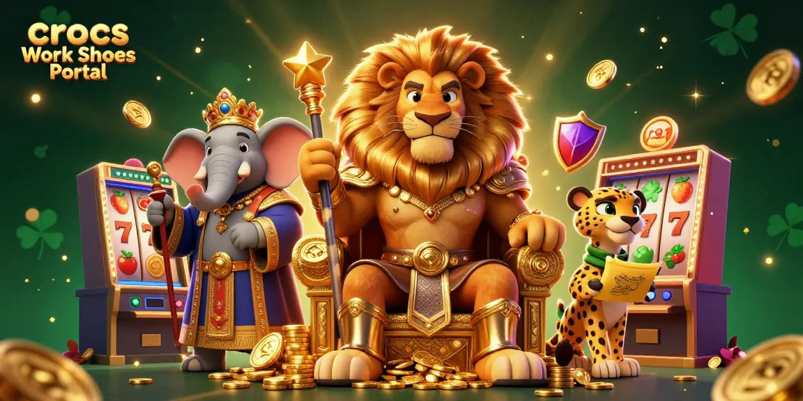 Crocs Work Shoes Portal showcases a vibrant winning scene with a fierce lion king and slot reels